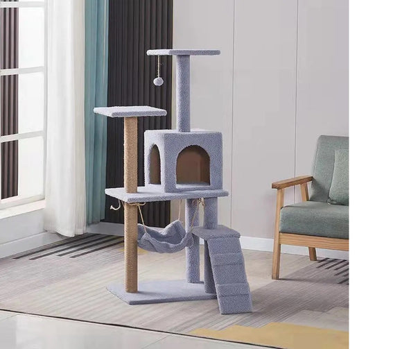 Multi-Level Cat Tower With Hammock Cats Tree Scratching Posts and Interactive Toy