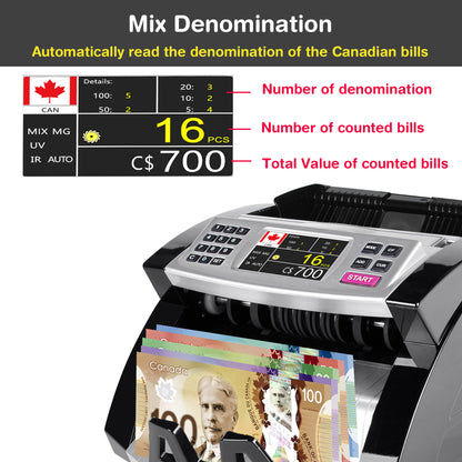 Mix Denomination Money Counter Machine Cash Value Bill Counting for Canadian Currency UV/MG/MT/IR Counterfeit Detection, (Doesn’t detect Denomination for USD and Others Currency)