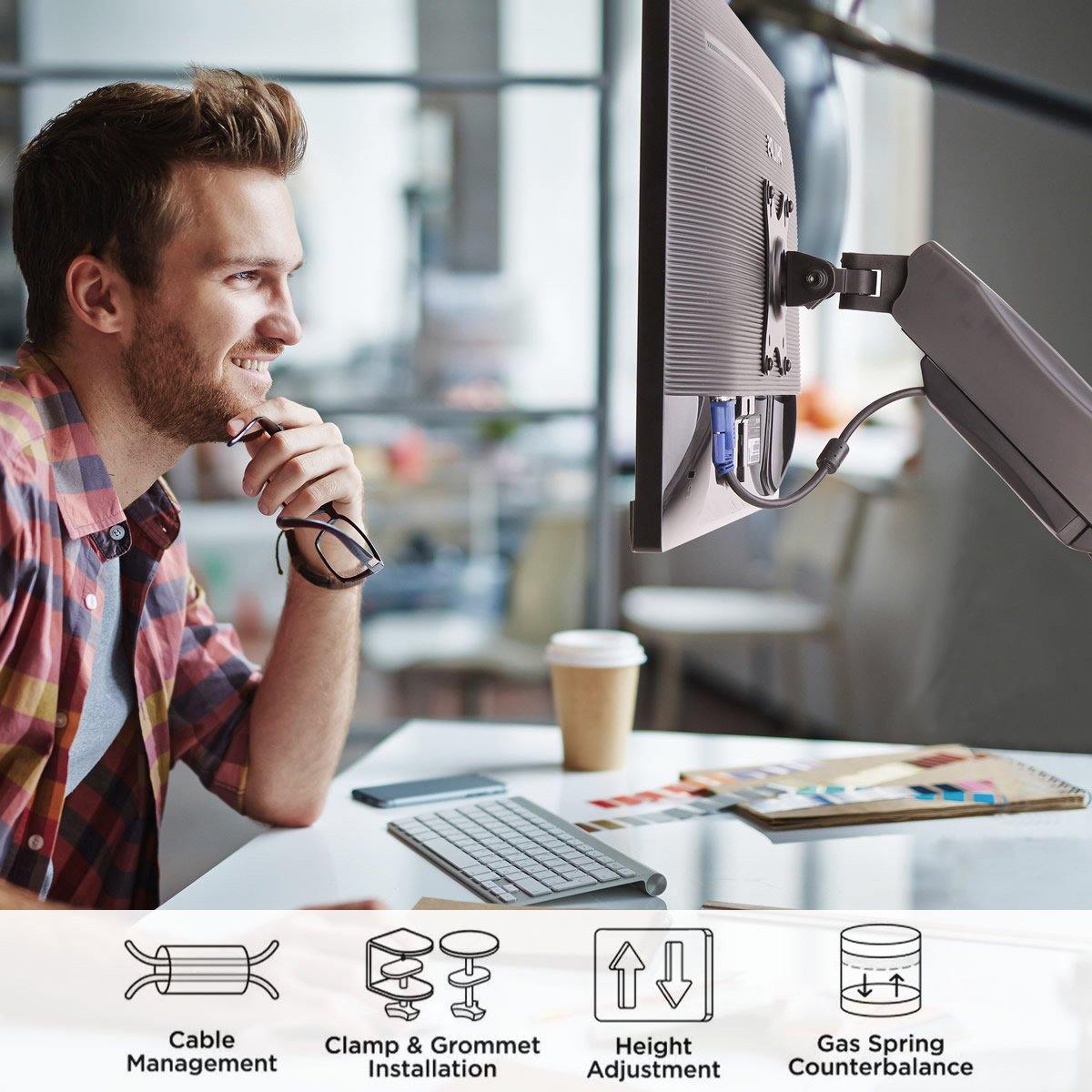 Single Desk Mount Fully Adjustable Gas Spring, Fit Most 17"-32" Computer Monitor, Holds 4.4 to 19.8 lbs - syson