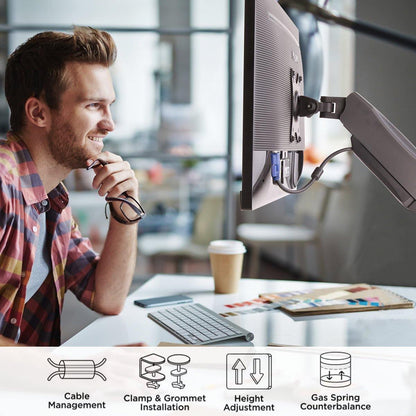 Single Desk Mount Fully Adjustable Gas Spring, Fit Most 17"-32" Computer Monitor, Holds 4.4 to 19.8 lbs - syson