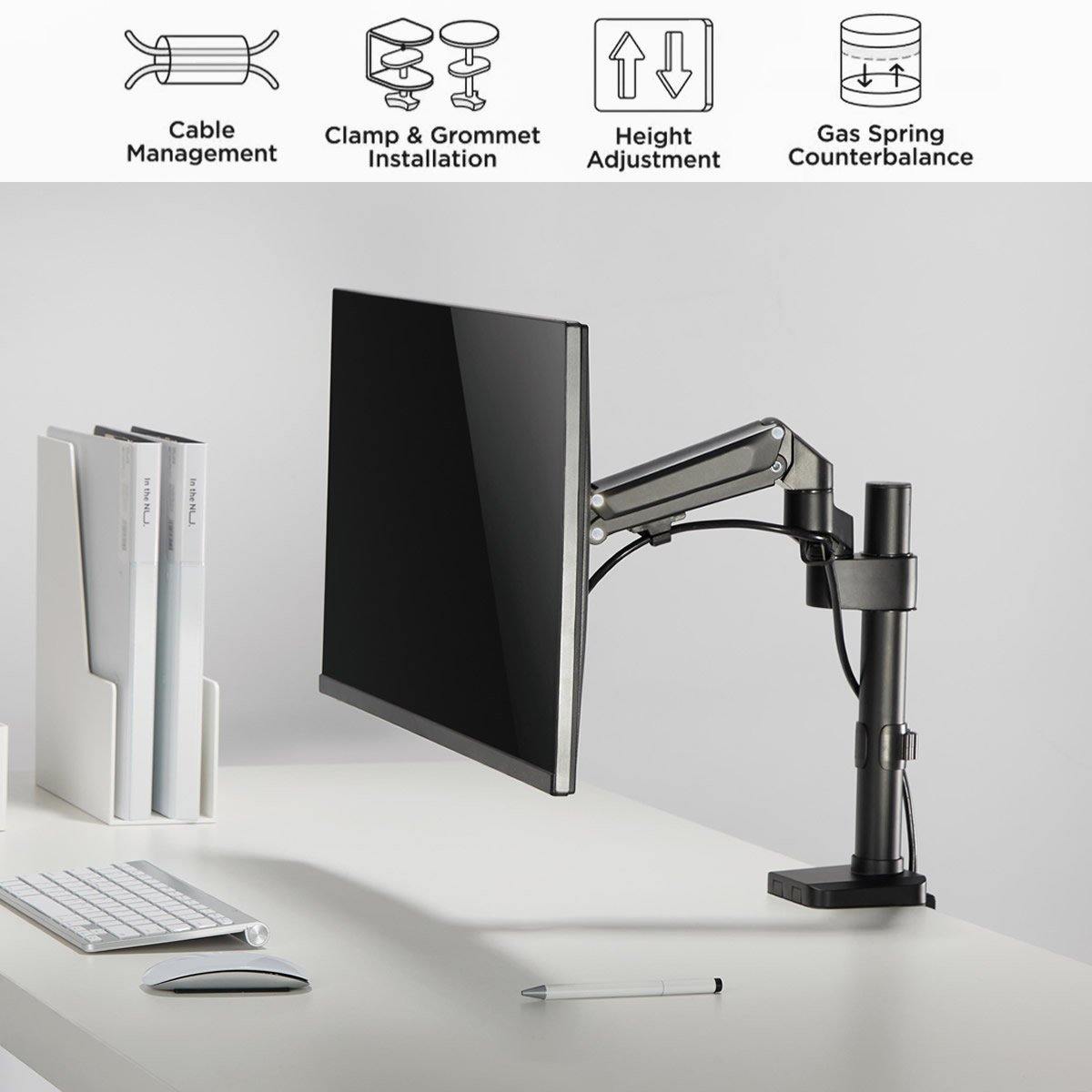 Single Monitor Stand - Gas Spring Single Arm Monitor Desk Mount Fit 17" to 27" Screens - syson
