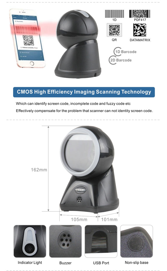 Desktop Barcode Scanner 1D 2D QR Code USB Laser Counter Top POS Bar code Reader