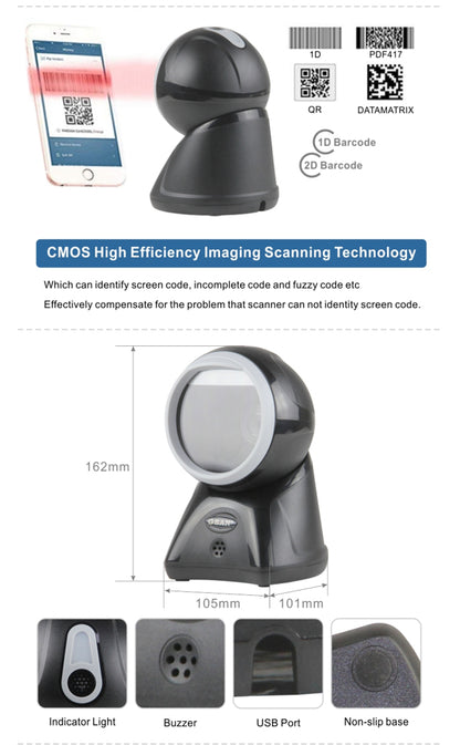 Desktop Barcode Scanner 1D 2D QR Code USB Laser Counter Top POS Bar code Reader