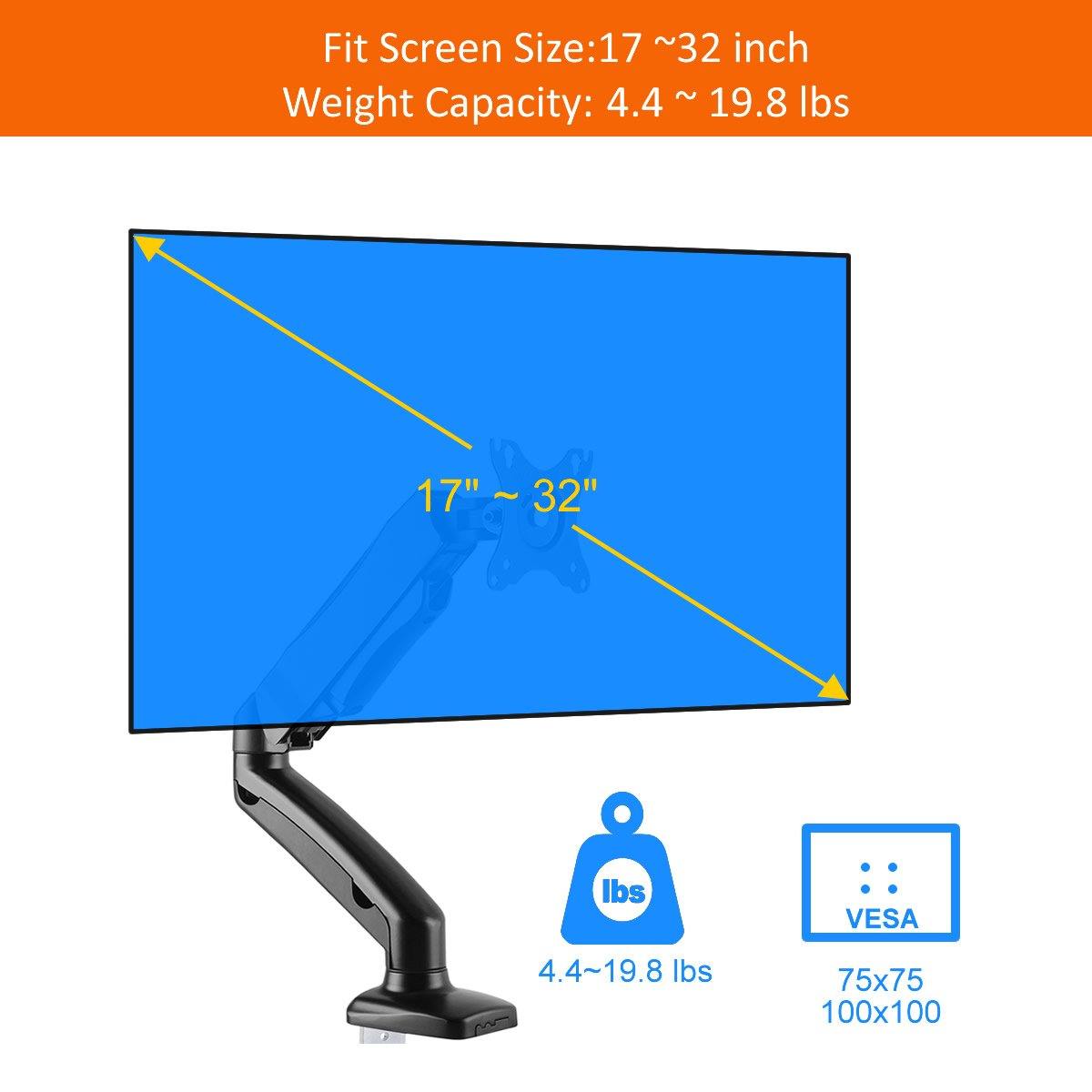 Single Desk Mount Fully Adjustable Gas Spring, Fit Most 17"-32" Computer Monitor, Holds 4.4 to 19.8 lbs - syson