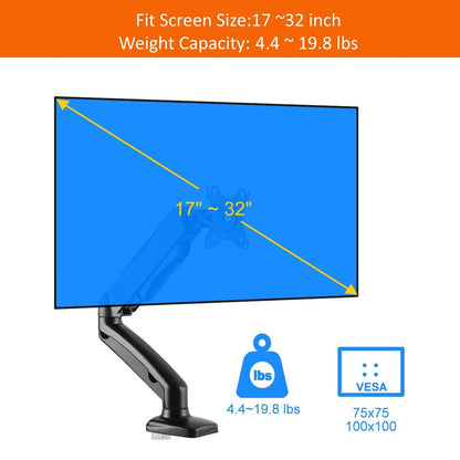 Single Desk Mount Fully Adjustable Gas Spring, Fit Most 17"-32" Computer Monitor, Holds 4.4 to 19.8 lbs - syson