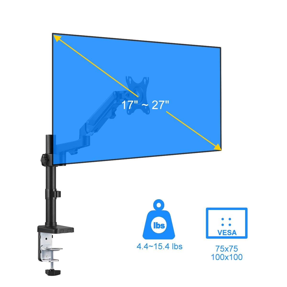 Single Monitor Stand - Gas Spring Single Arm Monitor Desk Mount Fit 17" to 27" Screens - syson