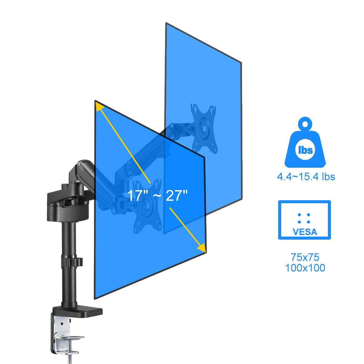 Dual Monitor Stand - Height Adjustable Gas Spring Stand Fit Two 17" to 27" Screens - syson