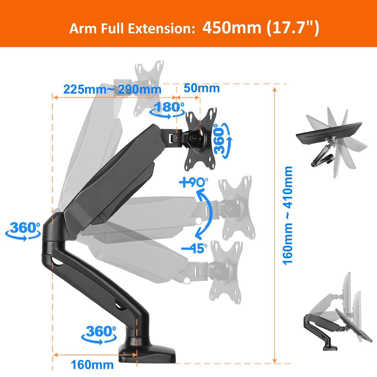 Single Desk Mount Fully Adjustable Gas Spring, Fit Most 17"-32" Computer Monitor, Holds 4.4 to 19.8 lbs - syson