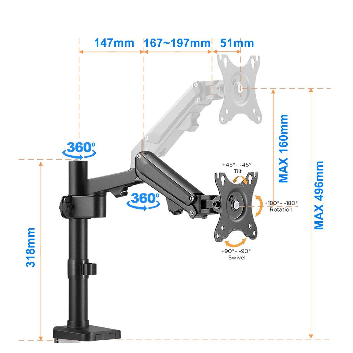 Single Monitor Stand - Gas Spring Single Arm Monitor Desk Mount Fit 17" to 27" Screens - syson
