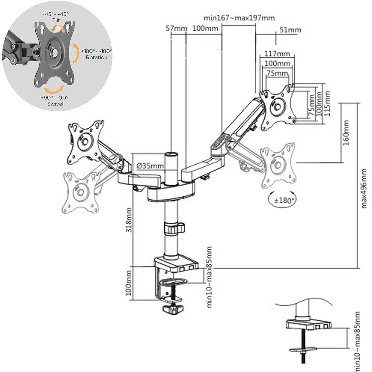 Dual Monitor Stand - Height Adjustable Gas Spring Stand Fit Two 17" to 27" Screens - syson