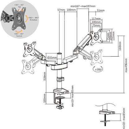 Dual Monitor Stand - Height Adjustable Gas Spring Stand Fit Two 17" to 27" Screens - syson