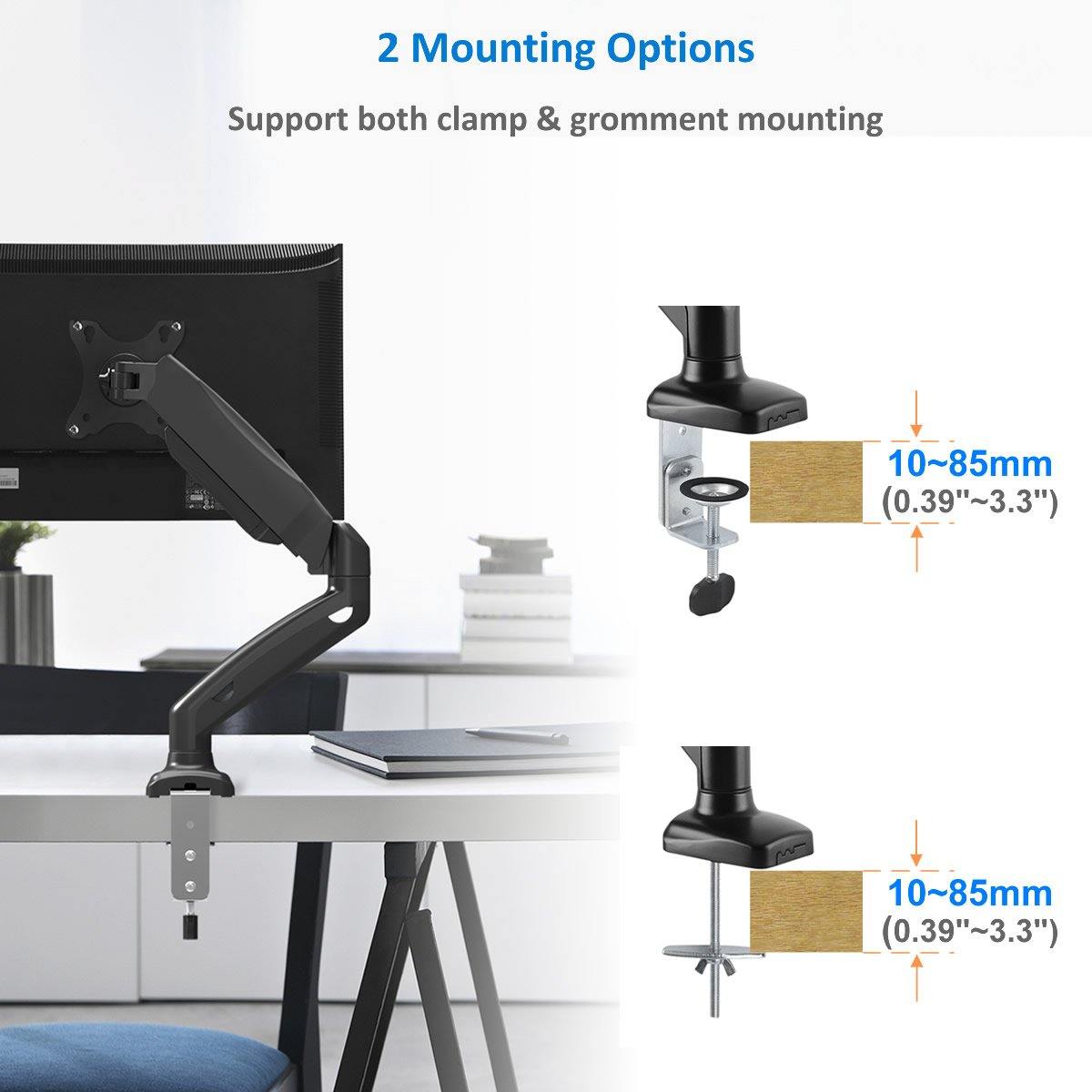 Single Desk Mount Fully Adjustable Gas Spring, Fit Most 17"-32" Computer Monitor, Holds 4.4 to 19.8 lbs - syson