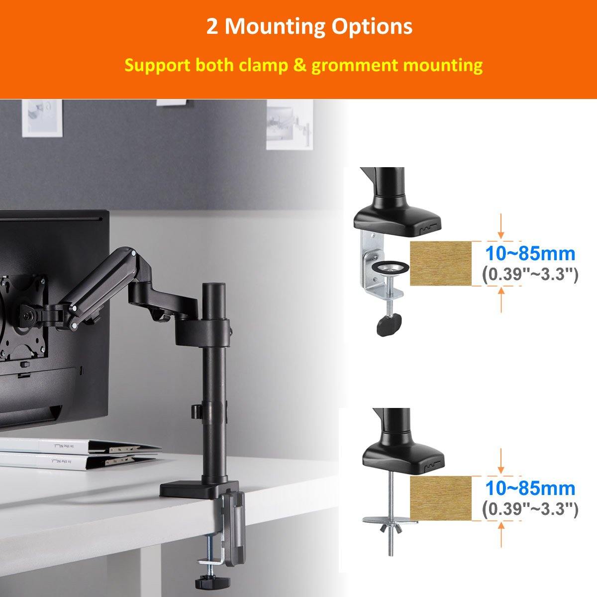 Single Monitor Stand - Gas Spring Single Arm Monitor Desk Mount Fit 17" to 27" Screens - syson