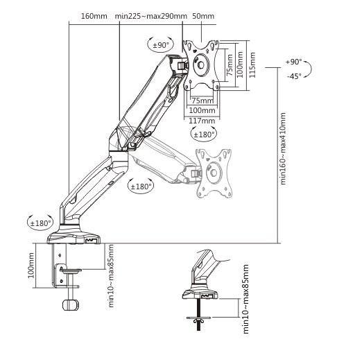 Single Desk Mount Fully Adjustable Gas Spring, Fit Most 17"-32" Computer Monitor, Holds 4.4 to 19.8 lbs - syson