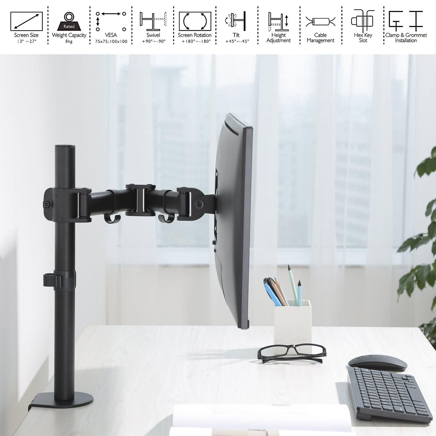 Single LCD Monitor Desk Mount Stand Fully Adjustable for one Screen 13" to 27" - syson
